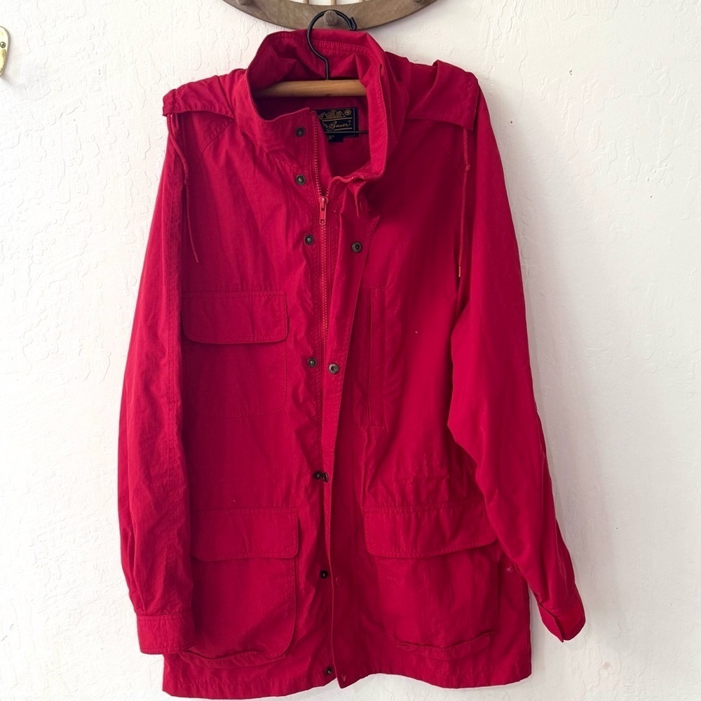 Vtg Eddie Bauer Rain Wind Jacket Mens L Red Hooded Lined Packable Lightweight - Picture 1 of 10